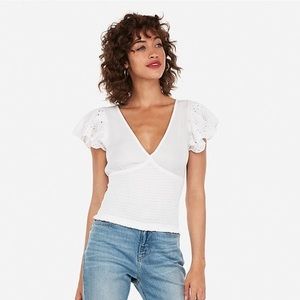 Smocked Eyelet Lace Ruffle Sleeve Plunge Top